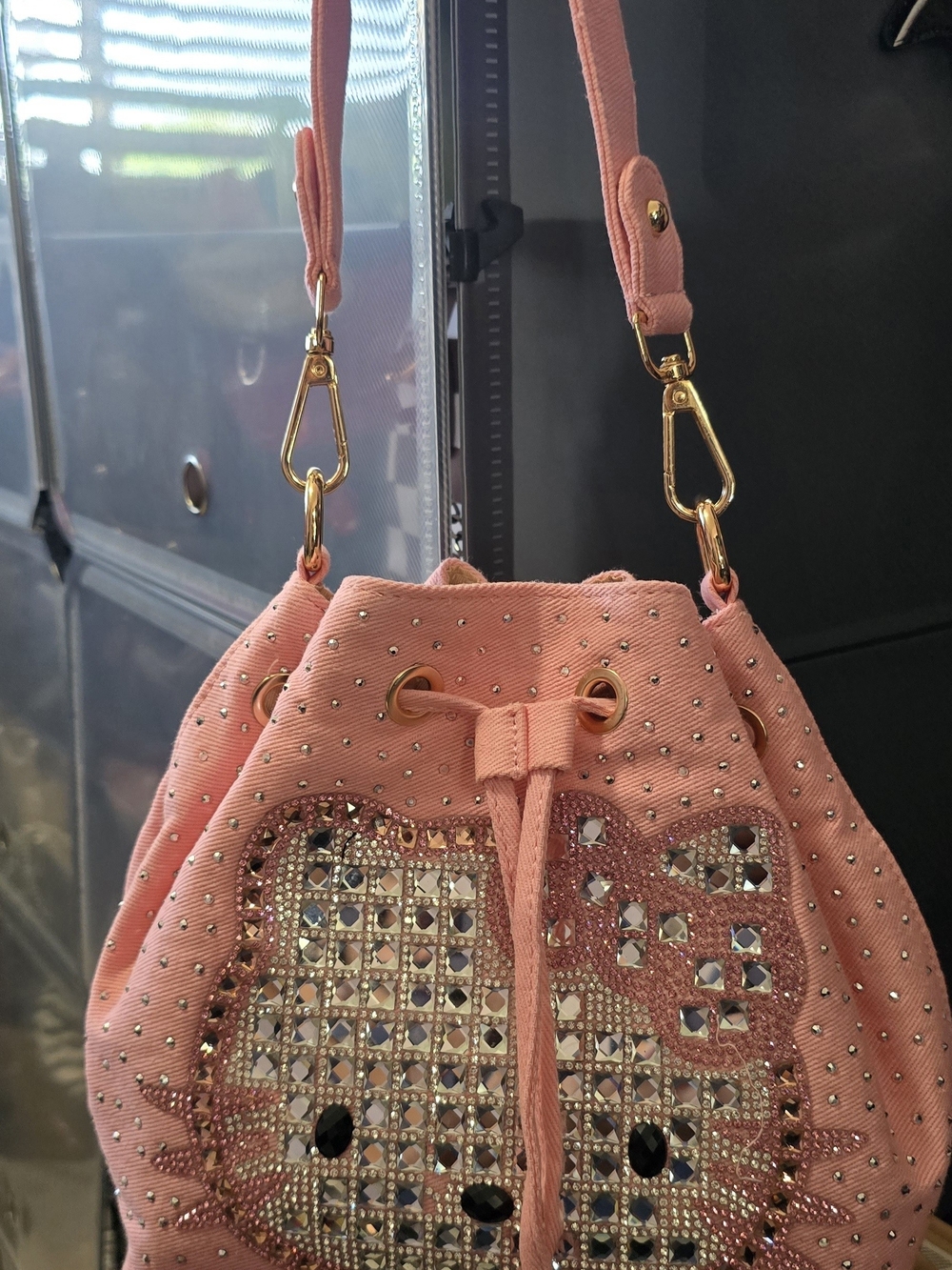 Pink Drawstring Hello Kitty Bucket Bag with Crystal Accent